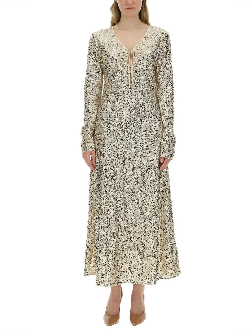 Rotate Birger Christensen Sequined Maxi Dress With Deep V-Neckline