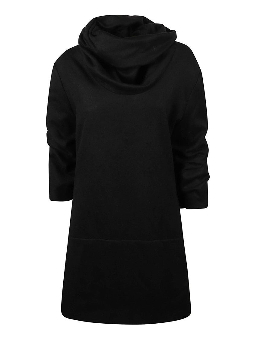 7 For All Mankind High Neck Ruched Black Midi Dress