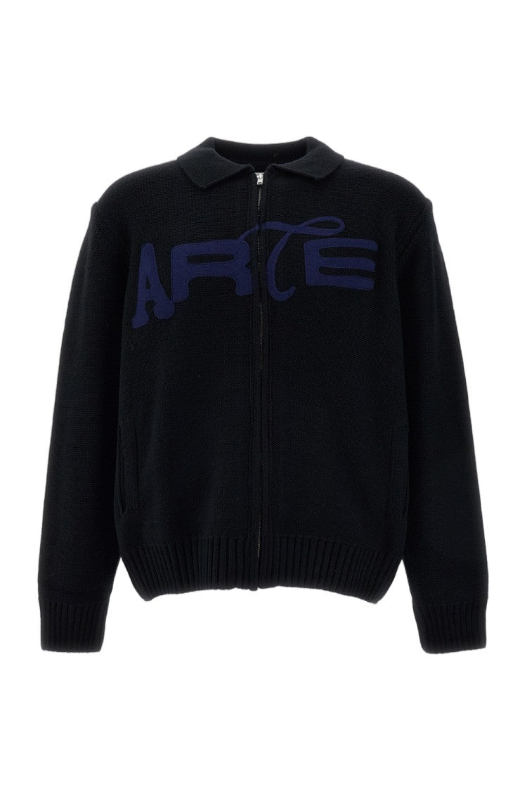 Arte Antwerp Black Energy Wool-Blend Point Collar Zip-Through Knit