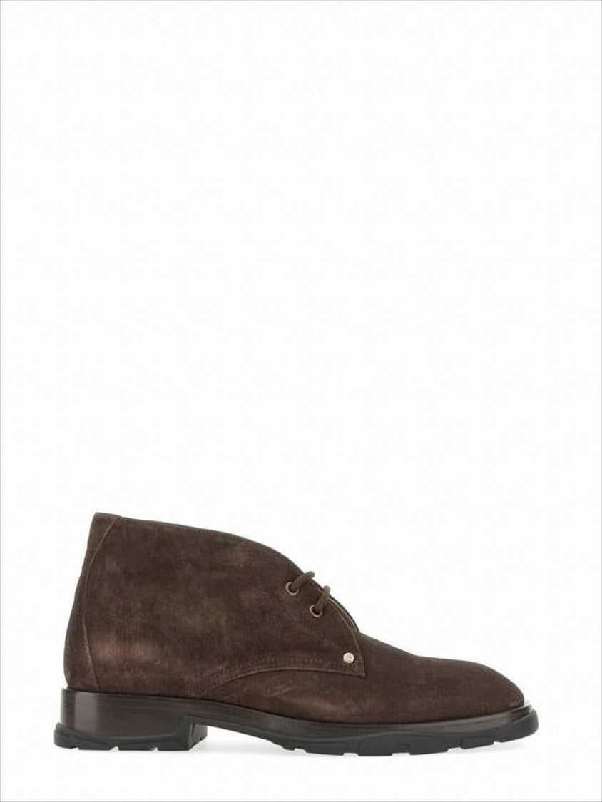 Alexander Mcqueen Minimalist Lace-Up Brown Suede Boots With Rubber Sole