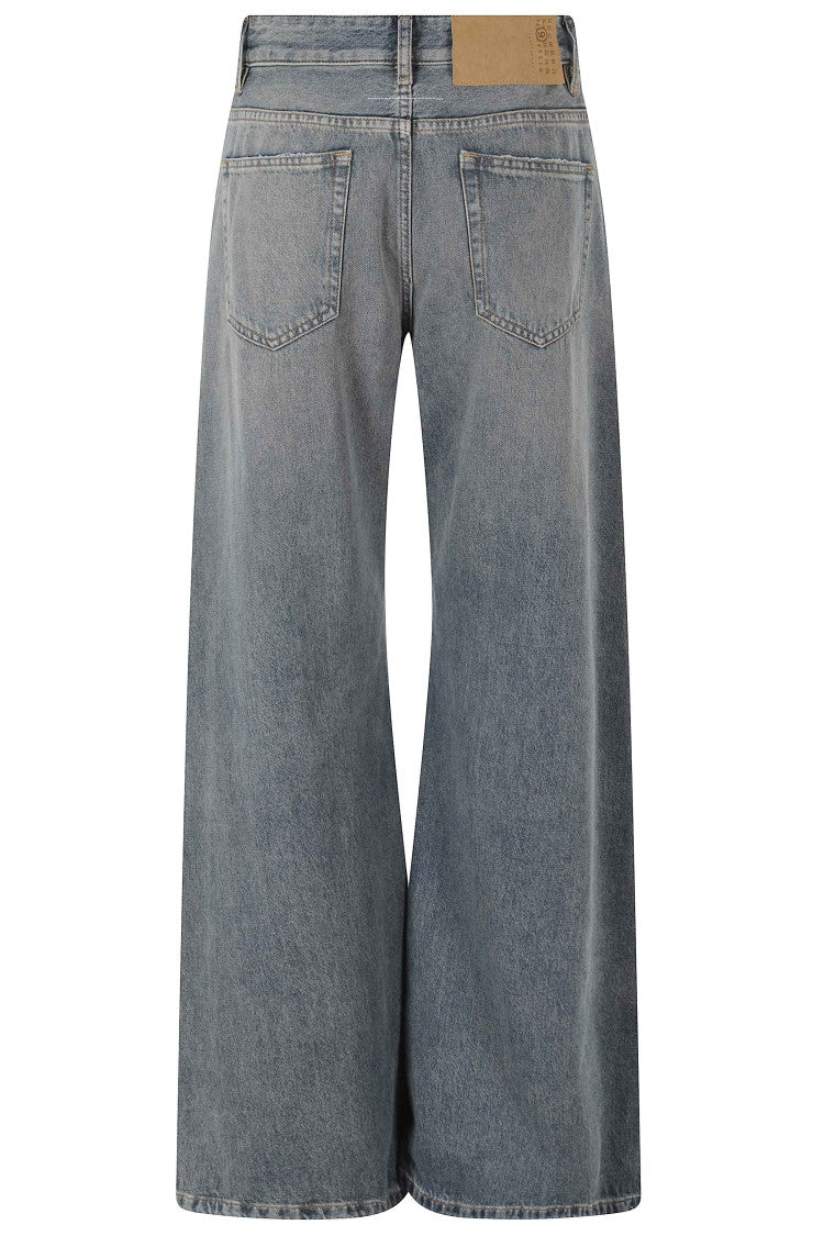 Mm6 By Maison Margiela Denim Blue Distressed Wide-Leg Cotton Jeans