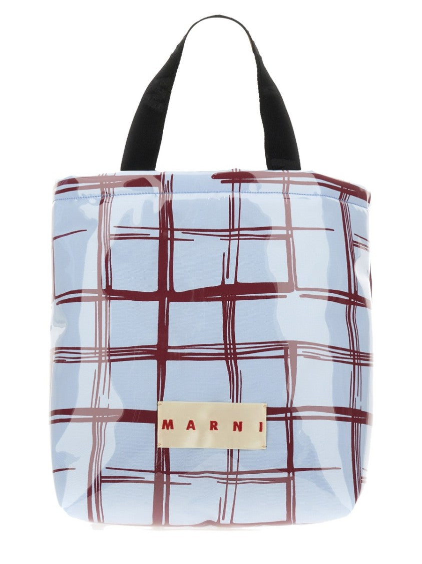Marni Glossy Coated Canvas Tote Bag With Double Handles And Plaid Pattern