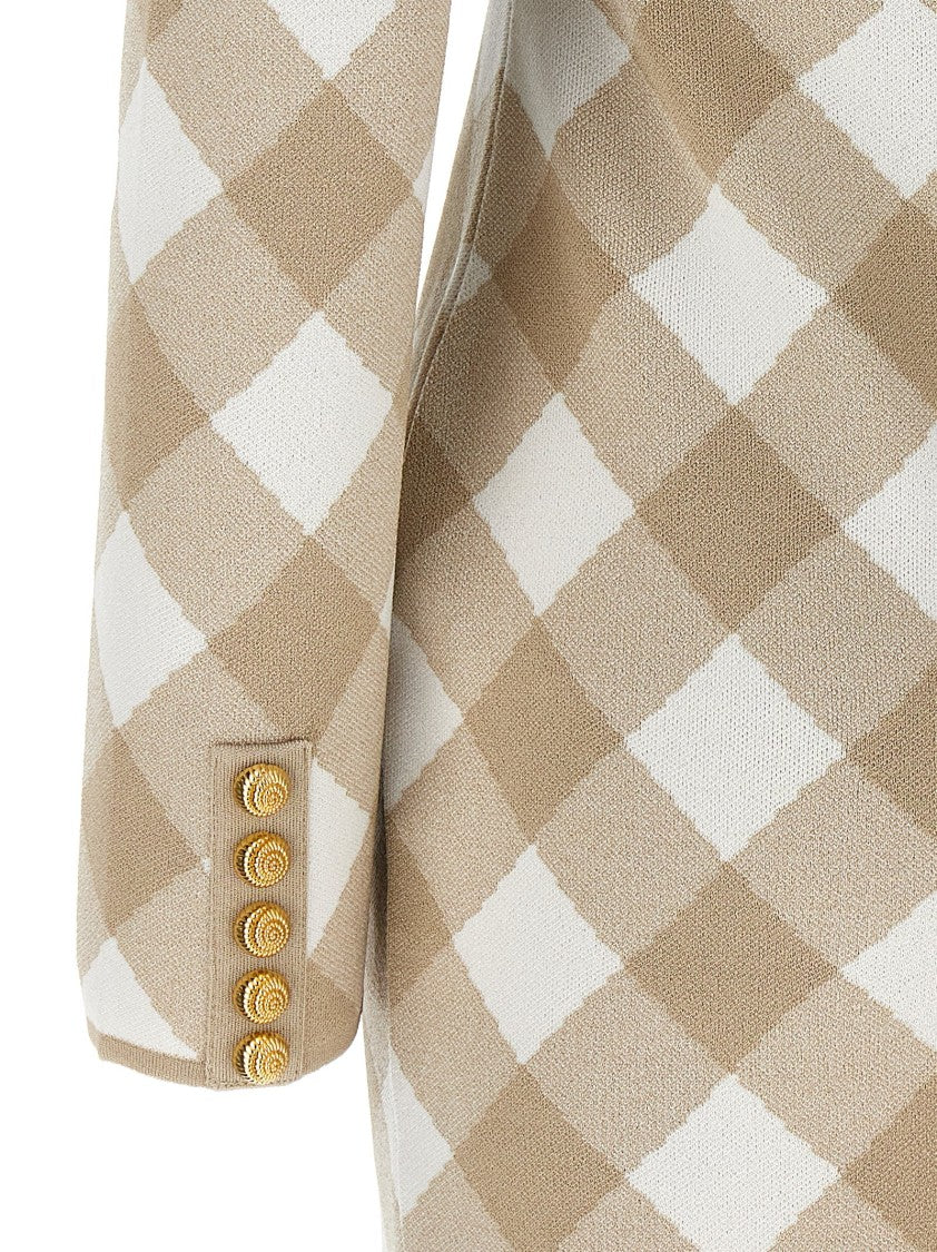 Balmain Vichy Macro Print Mini Dress With Structured Shoulders