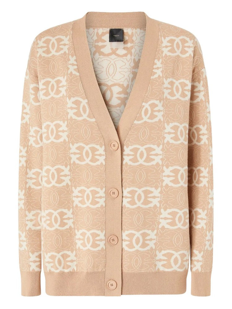 Pinko Beige Half Breed Geometric Pattern V-Neck Viscose-Blend Cardigan