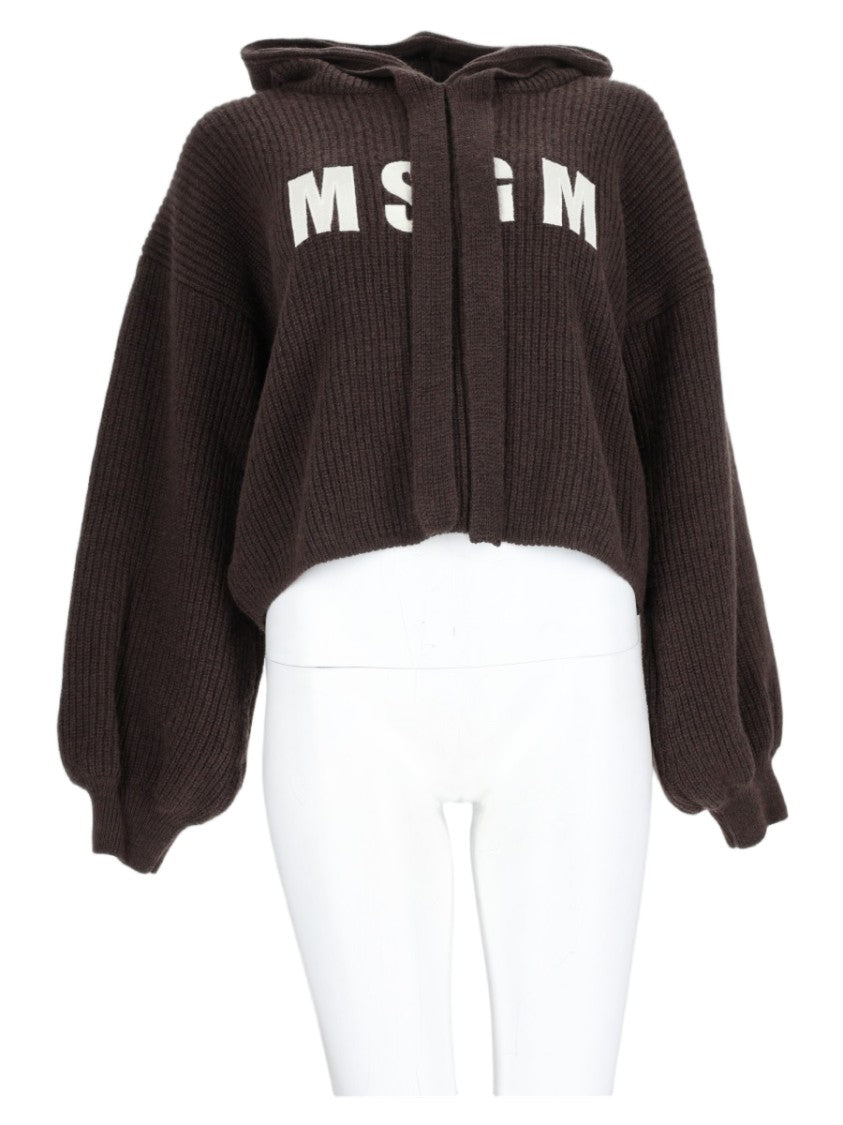 Msgm Brown Hooded Graphic Lettering Wool-Blend Sweater