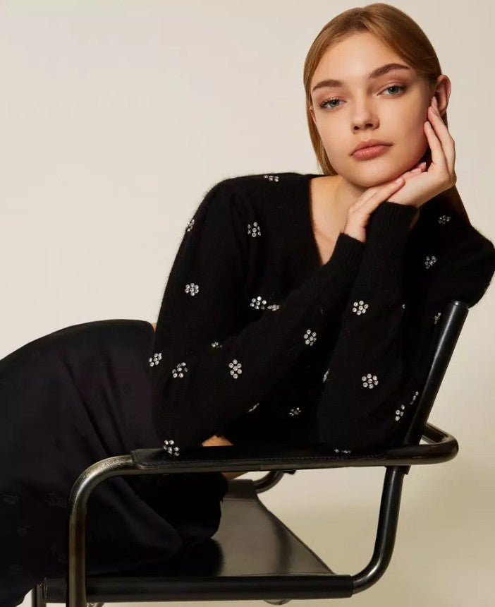 Twin-Set Angora-Blend Floral Rivet V-Neck Cardigan