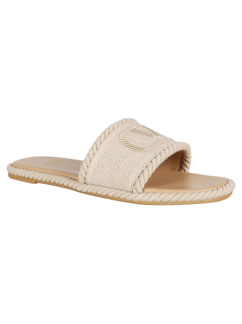 Valentino Garavani Textured Fabric Sandals With Embroidered Logo And Twisted Rope Trim