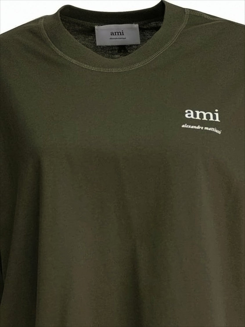Ami Boxy-Fit Green Cotton T-Shirt With Logo Detail