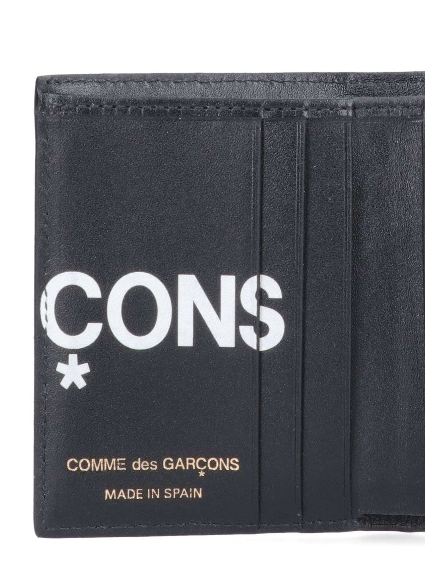 Comme Des Garçons Bifold Wallet In Smooth Black Leather With Contrasting Logo Print