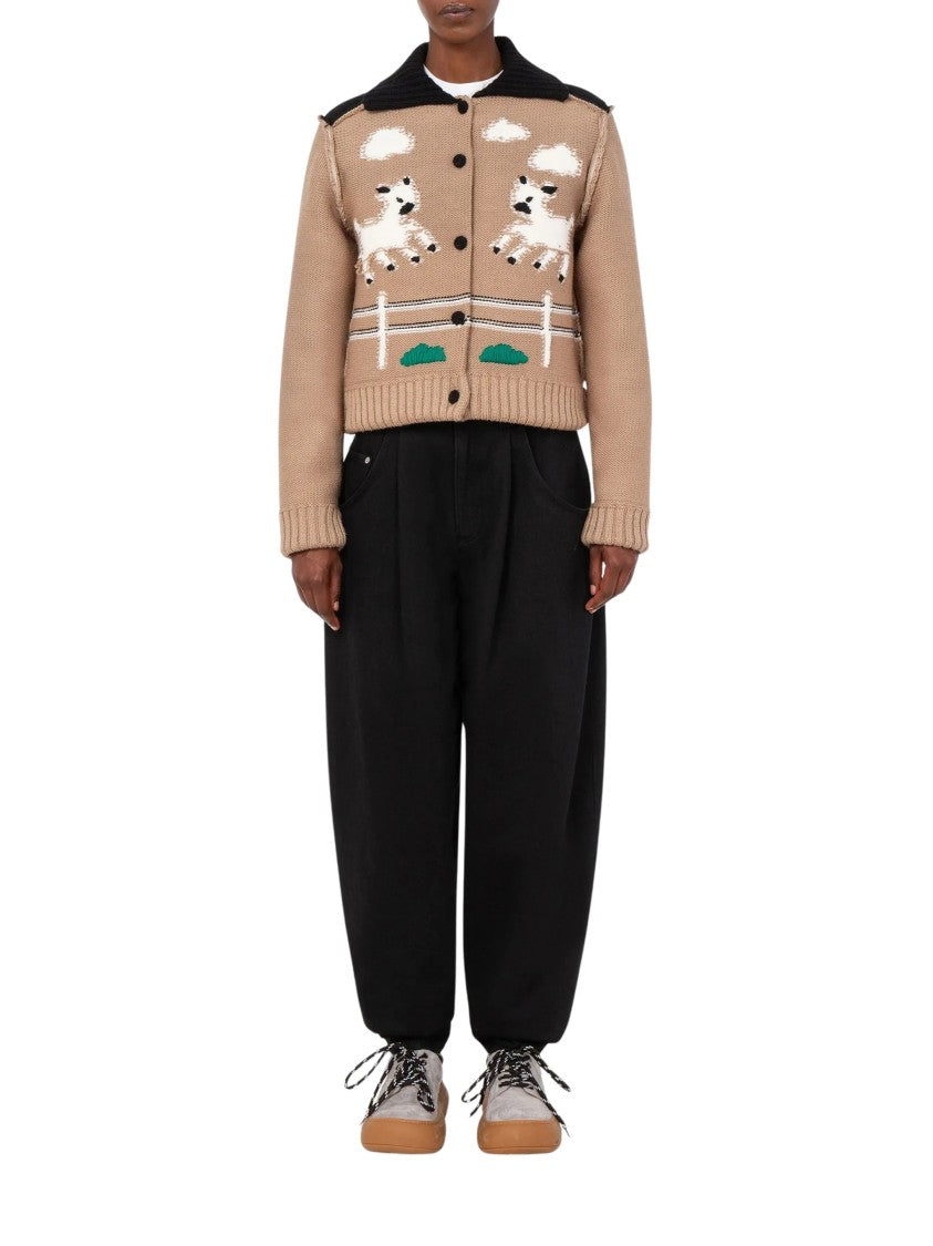 Moschino Beige Virgin Wool Cardigan With Playful Lamb Intarsia Design