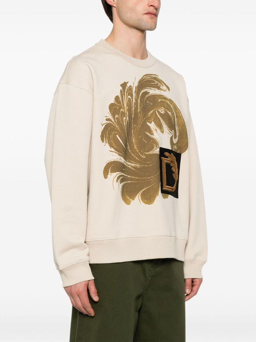 Dries Van Noten Light Beige Crew Neck Gold Graphic Polo