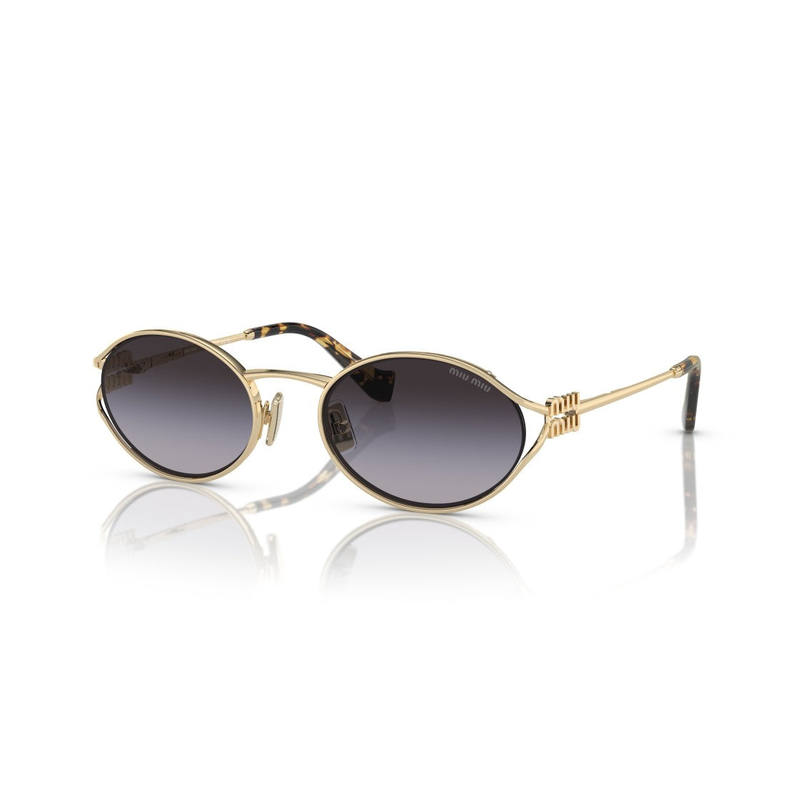 Miu Miu Oval-Shaped Gold Metal Frame Sunglasses With Tortoiseshell Temple Tips