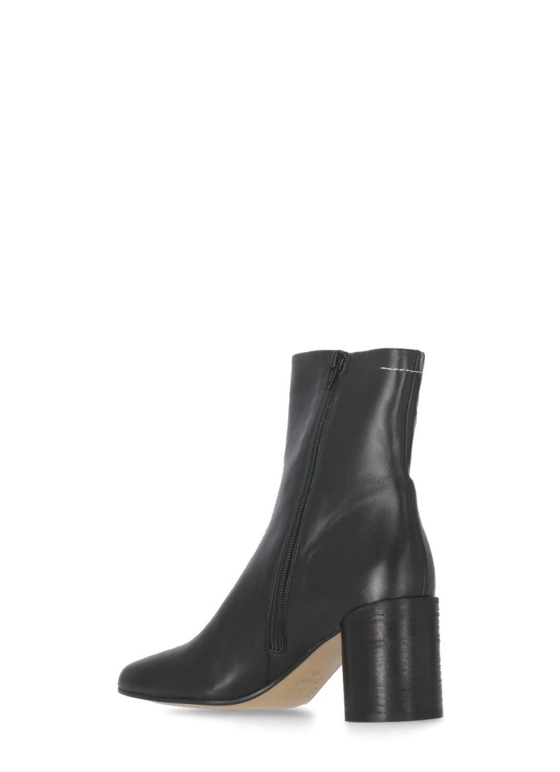 Mm6 By Maison Margiela Squared Toe Black Leather Boots With Side Zip Closure