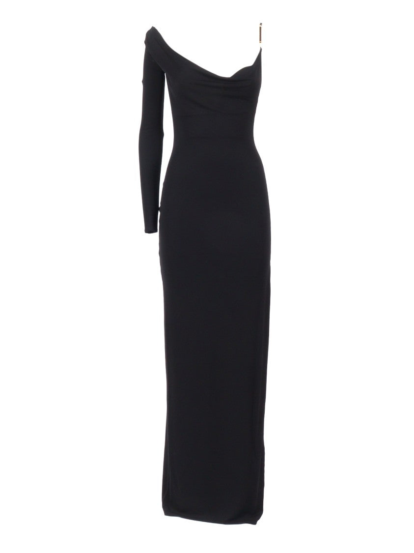Elisabetta Franchi Black Asymmetrical Gold Maxi Dress