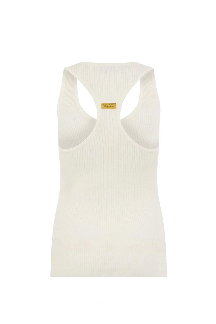 Elisabetta Franchi Ivory Button Placket Racerback Lyocell-Blend Tank Top