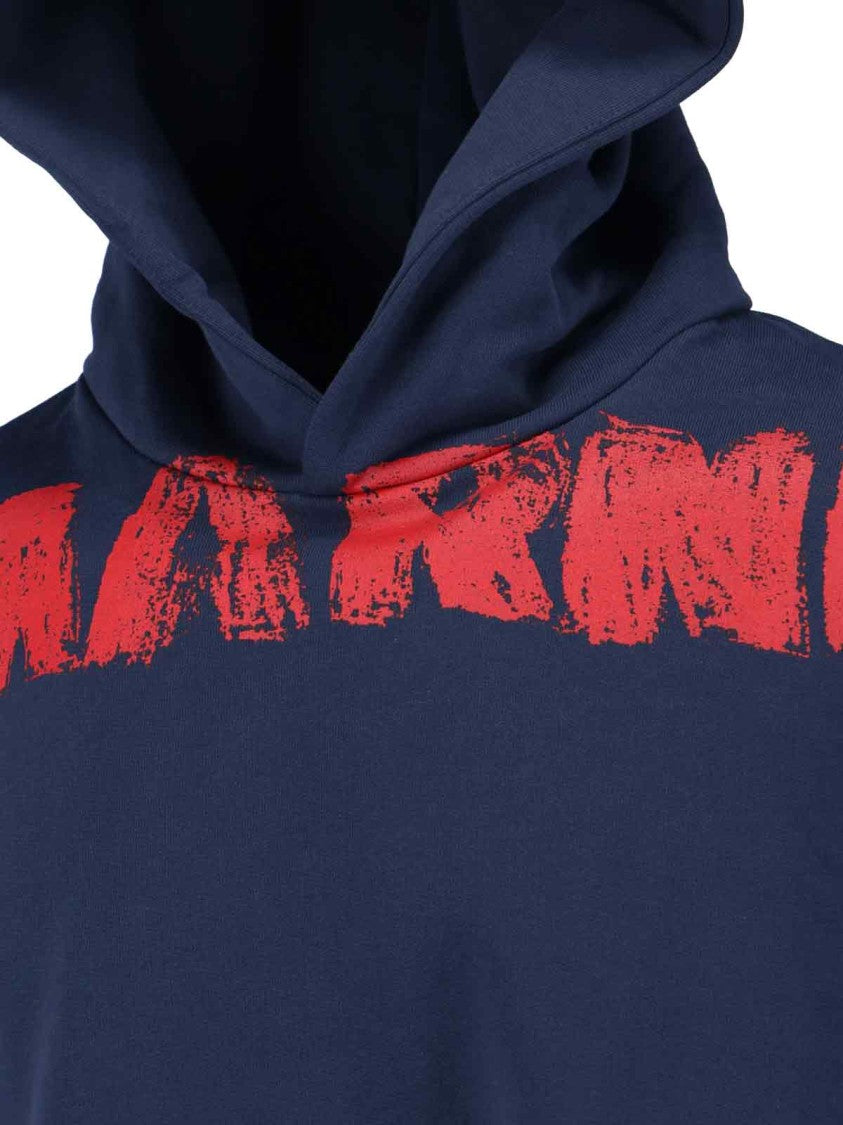 Marni Navy Blue Hoodie With Distressed Graphic Text