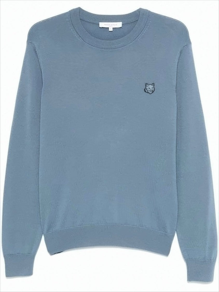 Maison Kitsuné Muted Blue Fine Wool Sweater With Embroidered Fox Emblem