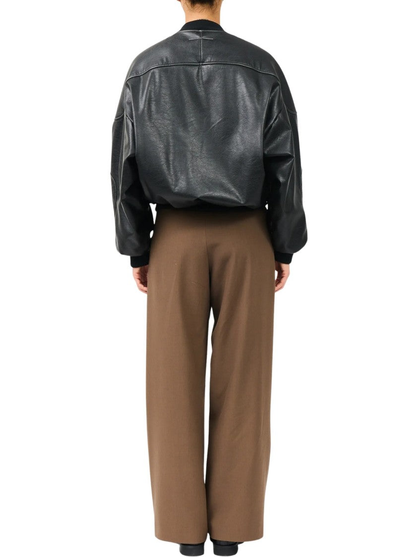 Mm6 By Maison Margiela Cropped Black Faux Leather Sports Jacket With Ribbed Detailing