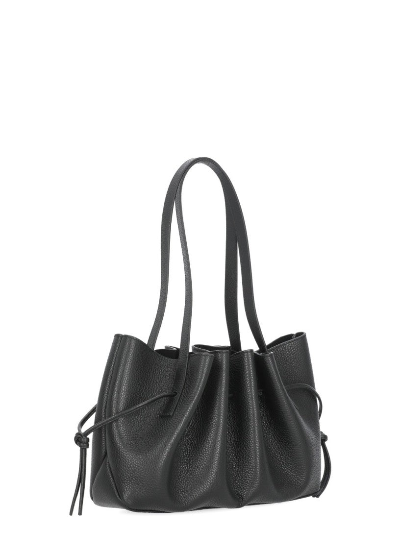 Yuzefi Draped Black Leather Shoulder Bag With Scalloped Structure