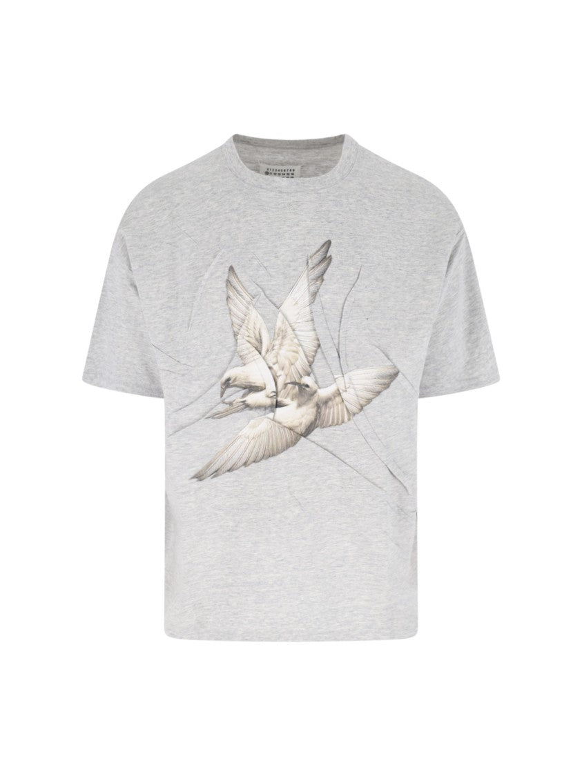 Maison Margiela Crew Neck T-Shirt With Unique Creased Bird Print