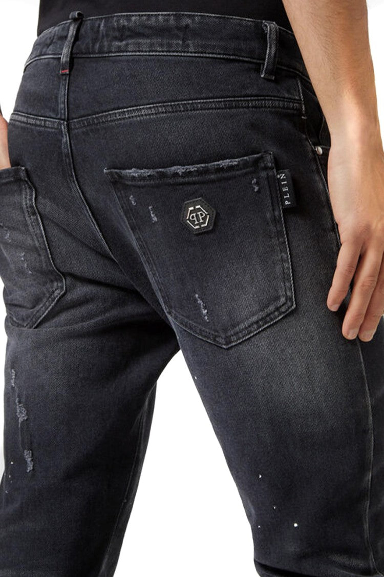 Philipp Plein Slim Fit Distressed Black Denim Jeans With Five-Pocket Design