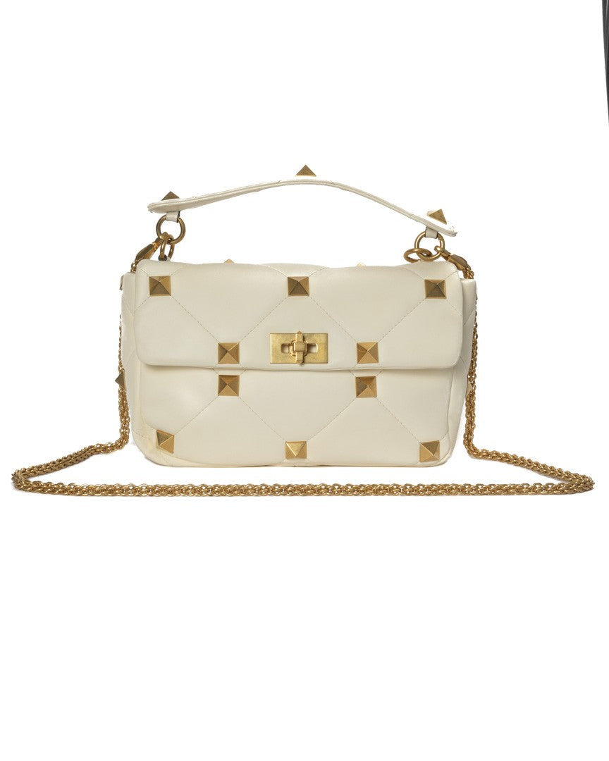 Valentino Ivory Roman Stud Smooth Leather Shoulder Bag
