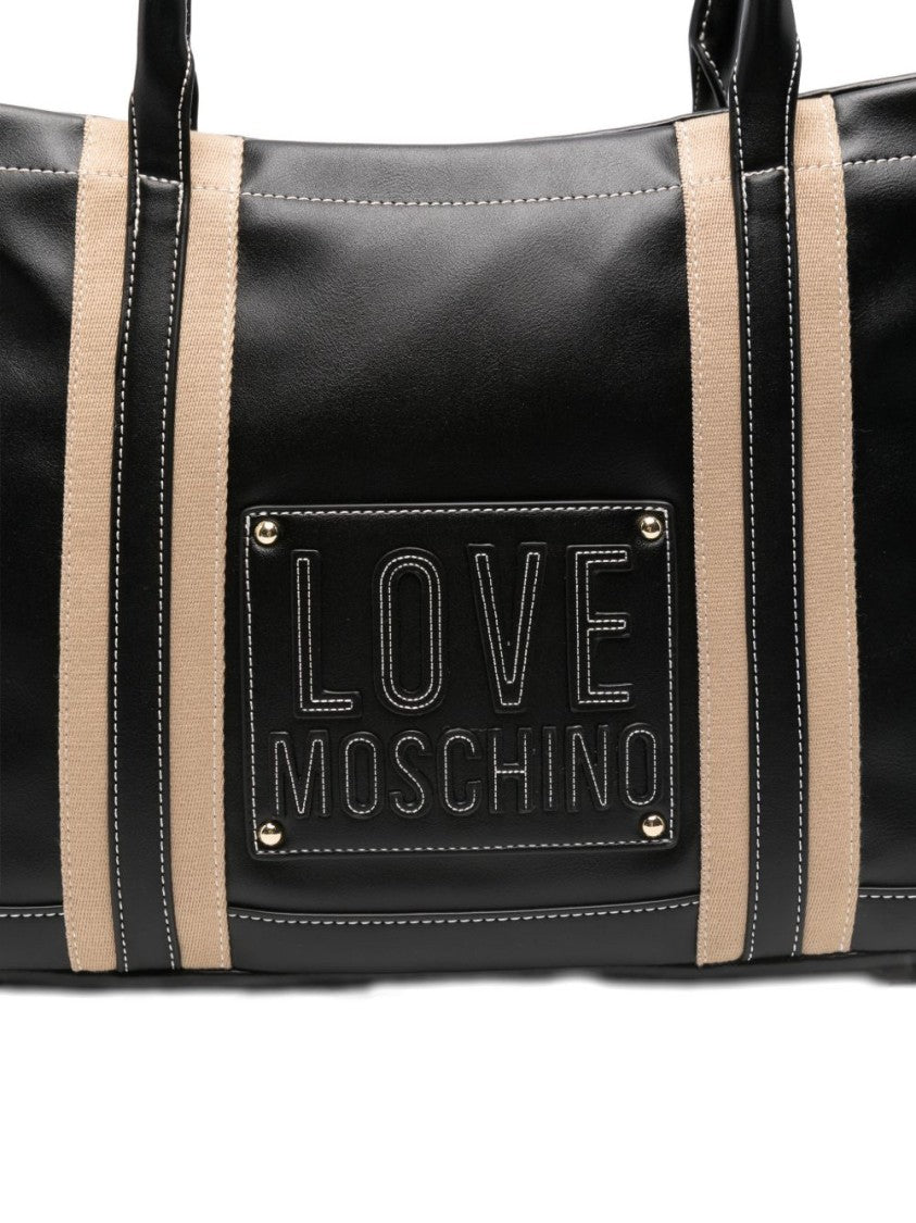Love Moschino Sleek Black Tote Bag With Beige Stripes And Embossed Detail