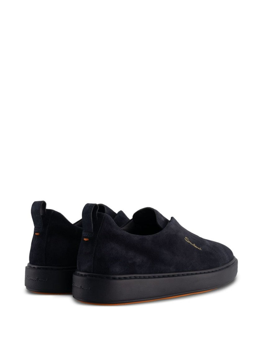 Santoni Midnight Blue Calf Suede Slip-On Sneakers