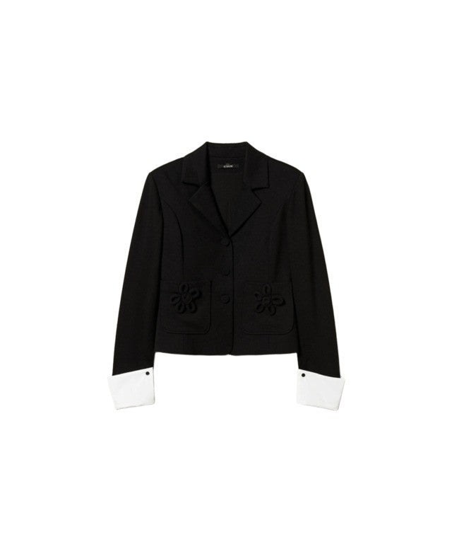 Twinset Actitude Floral Pin-Detail Black Blazer With Removable Cuffs