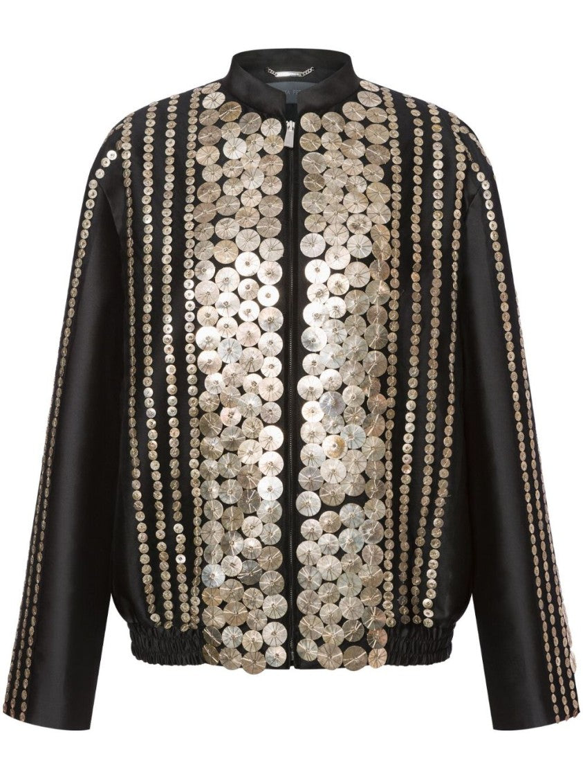 Alberta Ferretti Sequined Black Satin Bomber Jacket