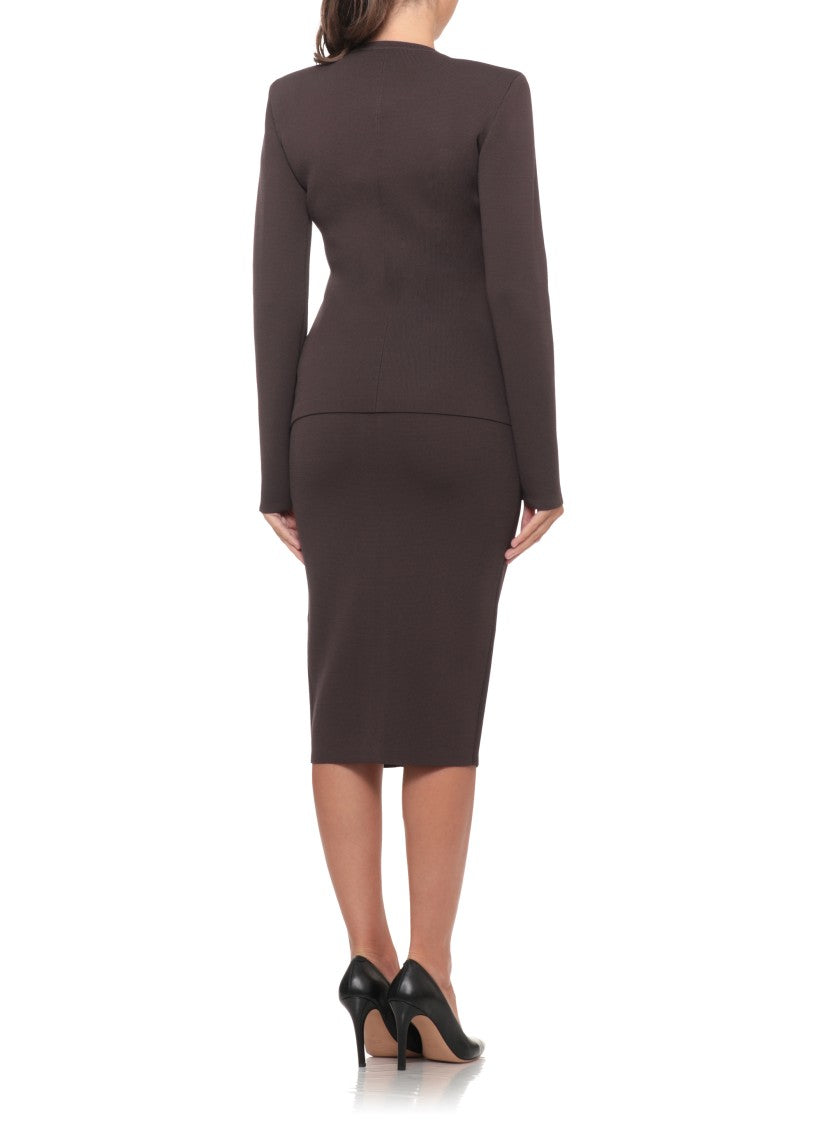 Elisabetta Franchi Structured Brown Elastic Sweater With Maxi Gold Zippers