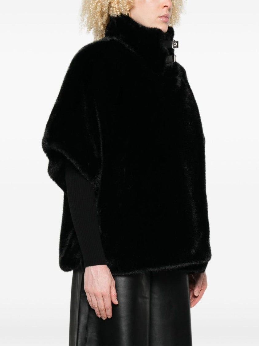 Pinko Oversized Black Faux Fur Coat With High Collar And Unique Buckle Closures