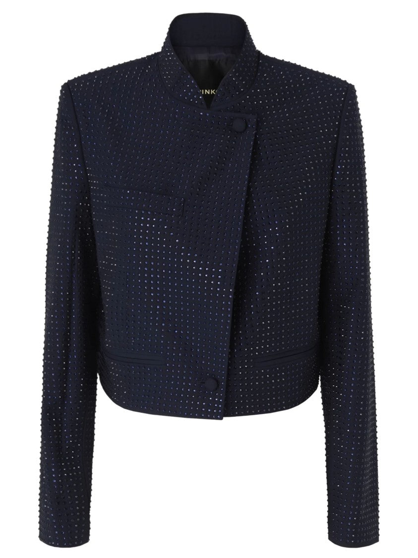 Pinko Cropped Black Blazer With Asymmetrical Closure And Textured Fabric