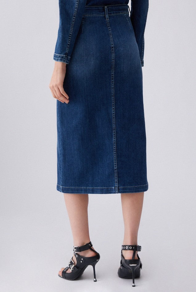 Liu Jo Stonewashed Denim Midi Skirt With Logoed Button Accents
