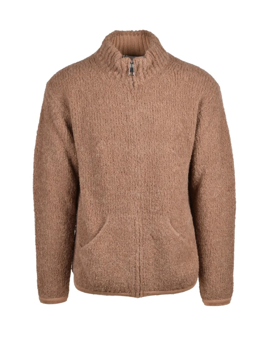Amaranto Brown Alpaca-Blend High-Collar Zip Cardigan