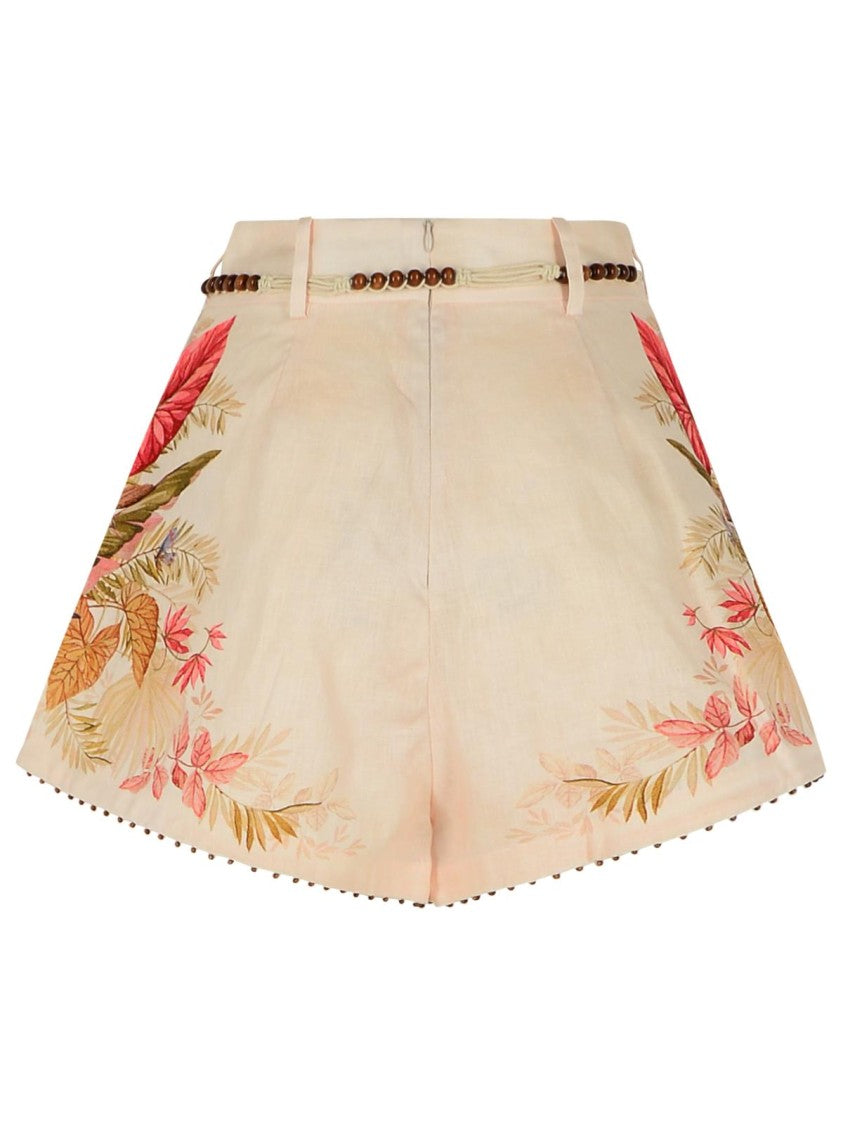 Zimmermann Tuck' Linen Pleated Shorts In 'Cream Palm Floral'
