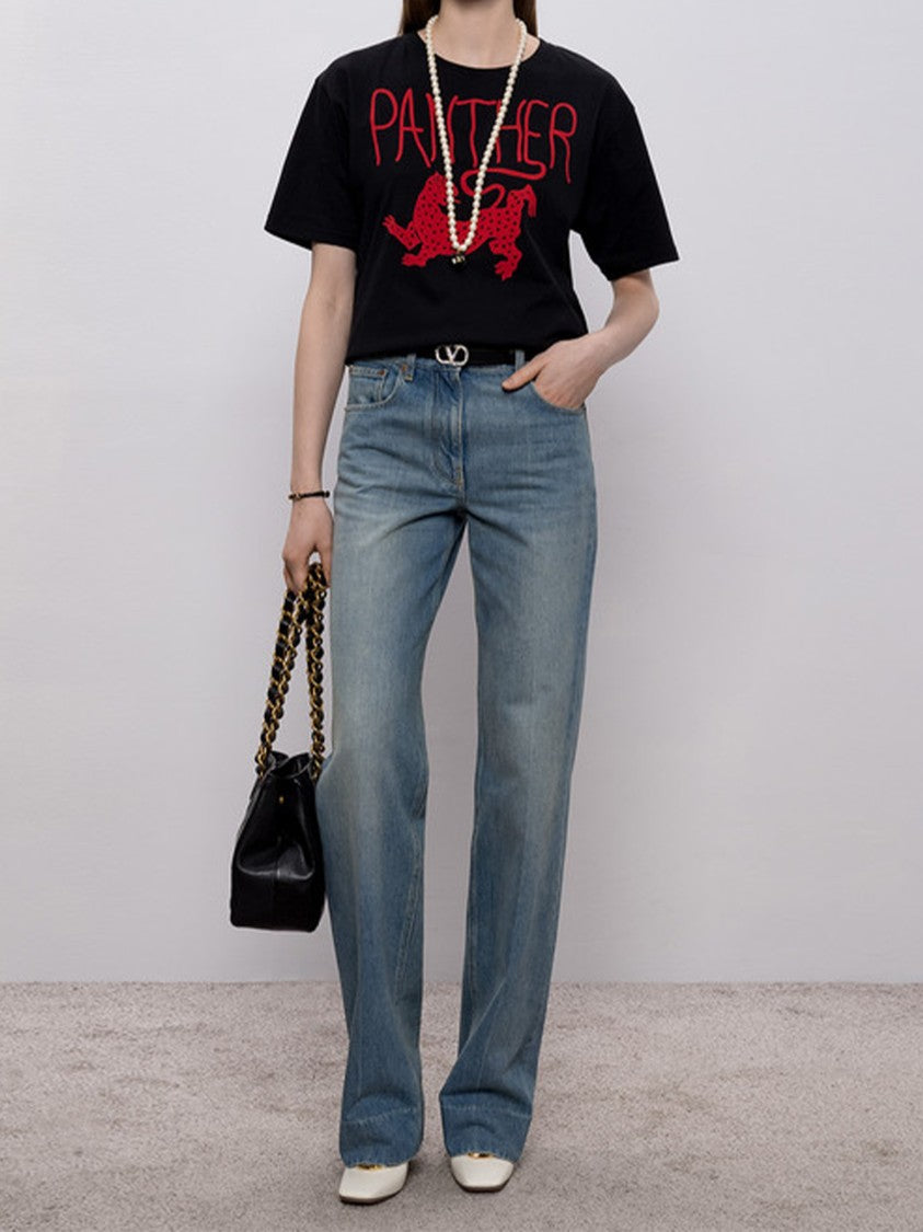 Valentino Black Short-Sleeved Red Panther Graphic T-Shirt