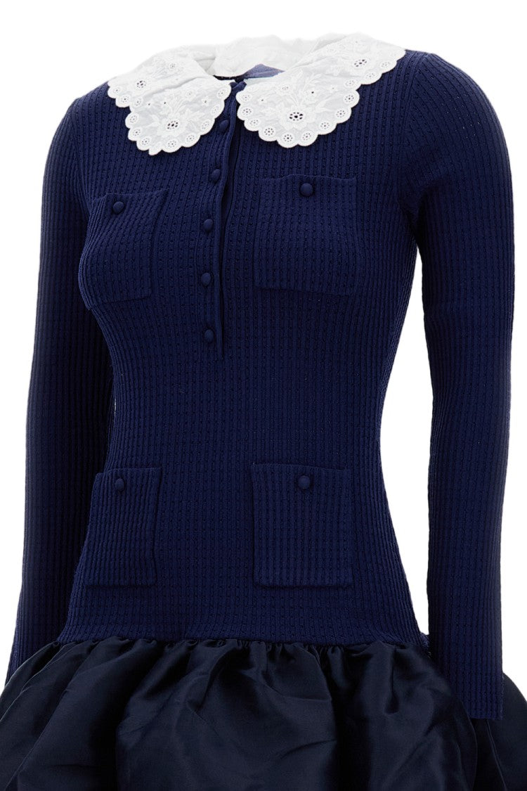 Self-Portrait Navy Knit Taffeta Mini Dress