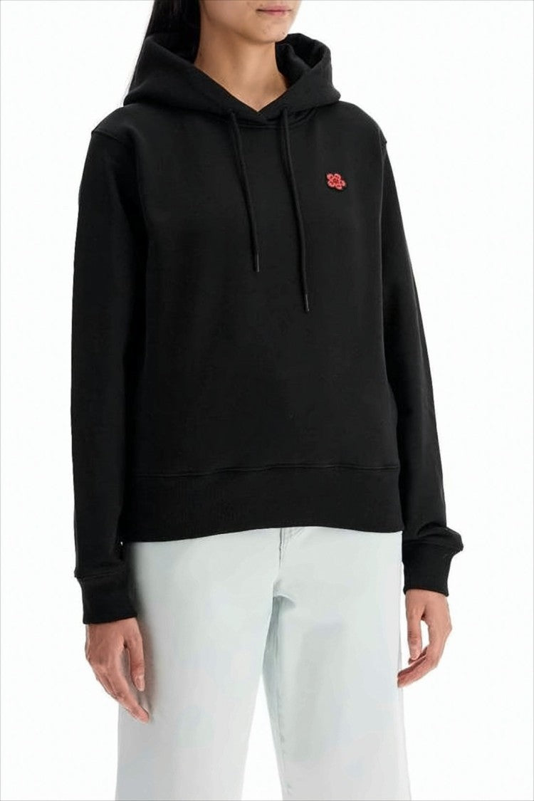 Kenzo Cropped Black Hoodie With Floral Emblem And Graphic Design
