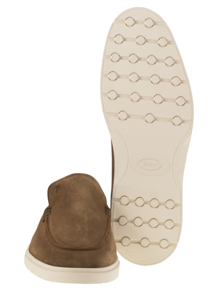 Tod's Brown Suede Moccasin Slipper With Embossed Monogram