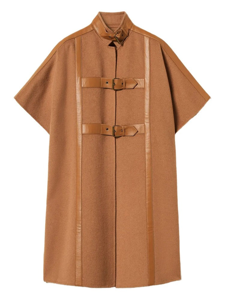 Twin-Set Brown Cape-Style Coat With High Collar And Minimalist Design