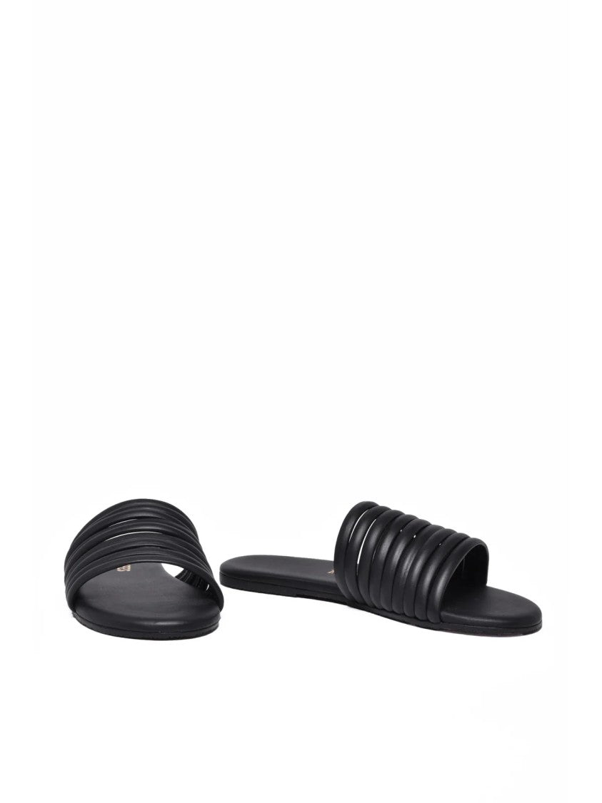 Tkees Black Padded Ribbed Strap Leather Slides