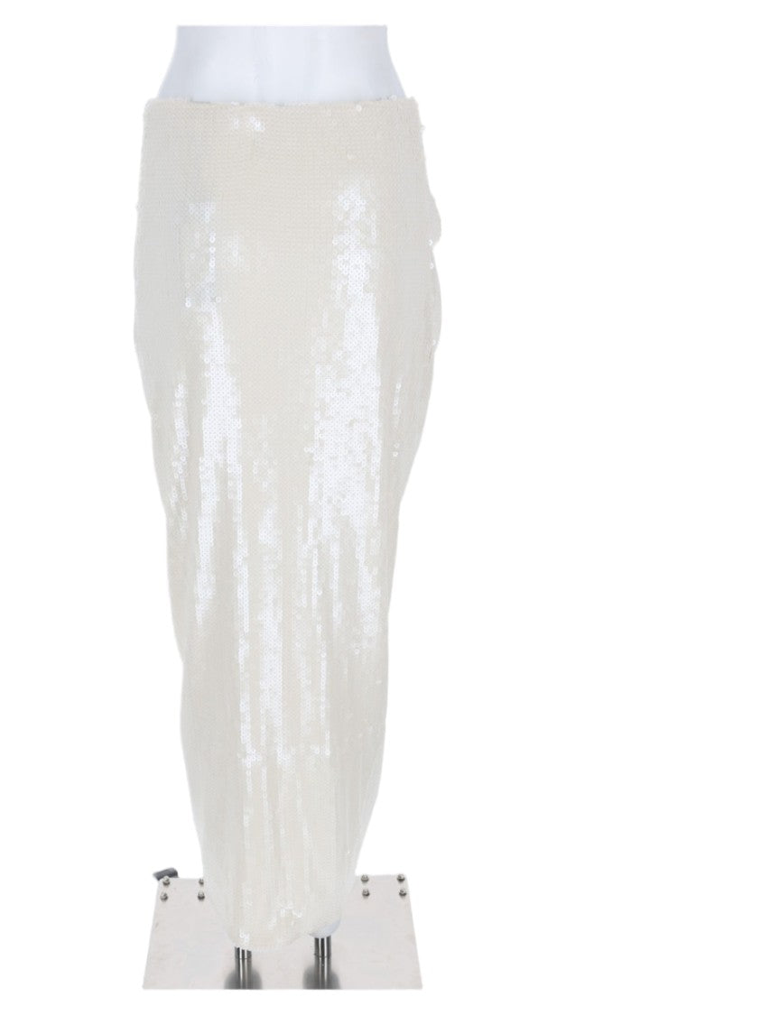 Rotate Knee-Length Beige Skirt With Textured Sequin Finish And Floral Detail