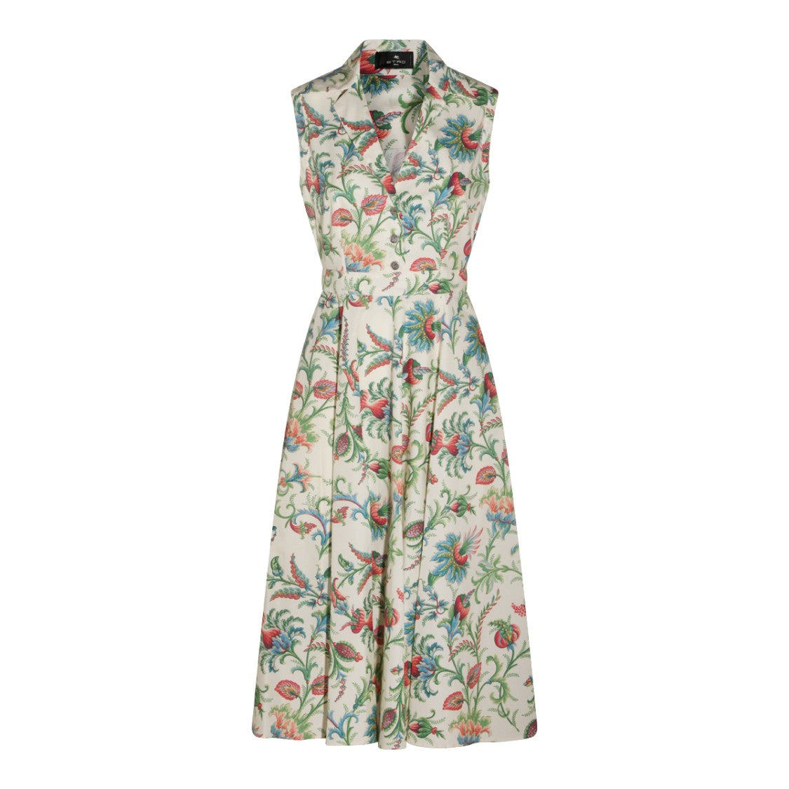 Etro Multicolor Floral Cotton Midi Dress With V-Neckline