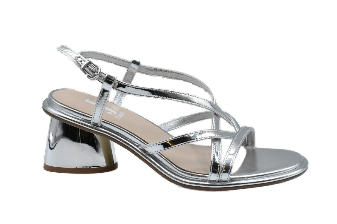 Jeannot Low-Heeled Silver Sandals With Block Heel And Crisscross Straps