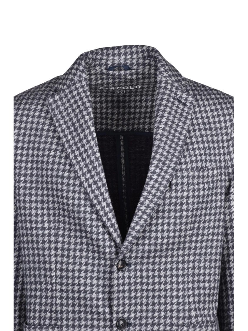 Circolo 1901 Blue/Grey Houndstooth Stretch Cotton Rounded Blazer