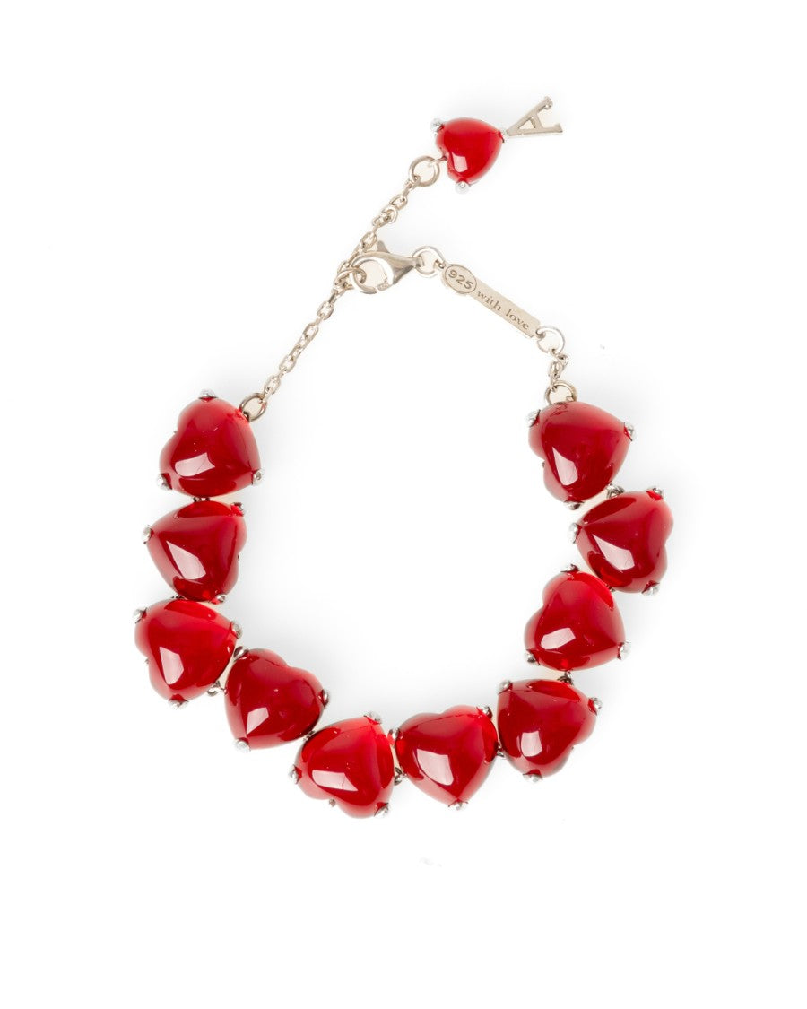 Ami Heart-Embellished Sterling Silver Bracelet With Glossy Red Charms