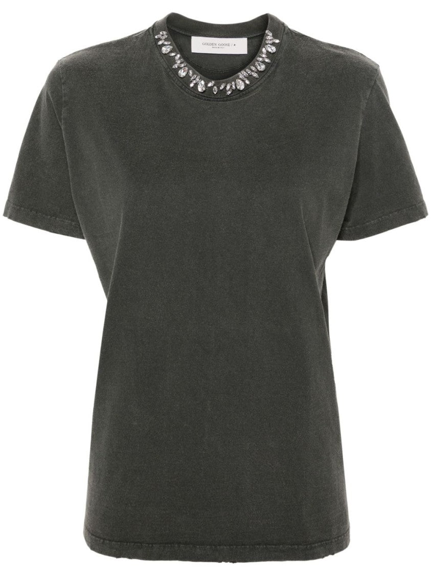 Golden Goose Distressed Grey Cotton T-Shirt With Crystal Embellishments