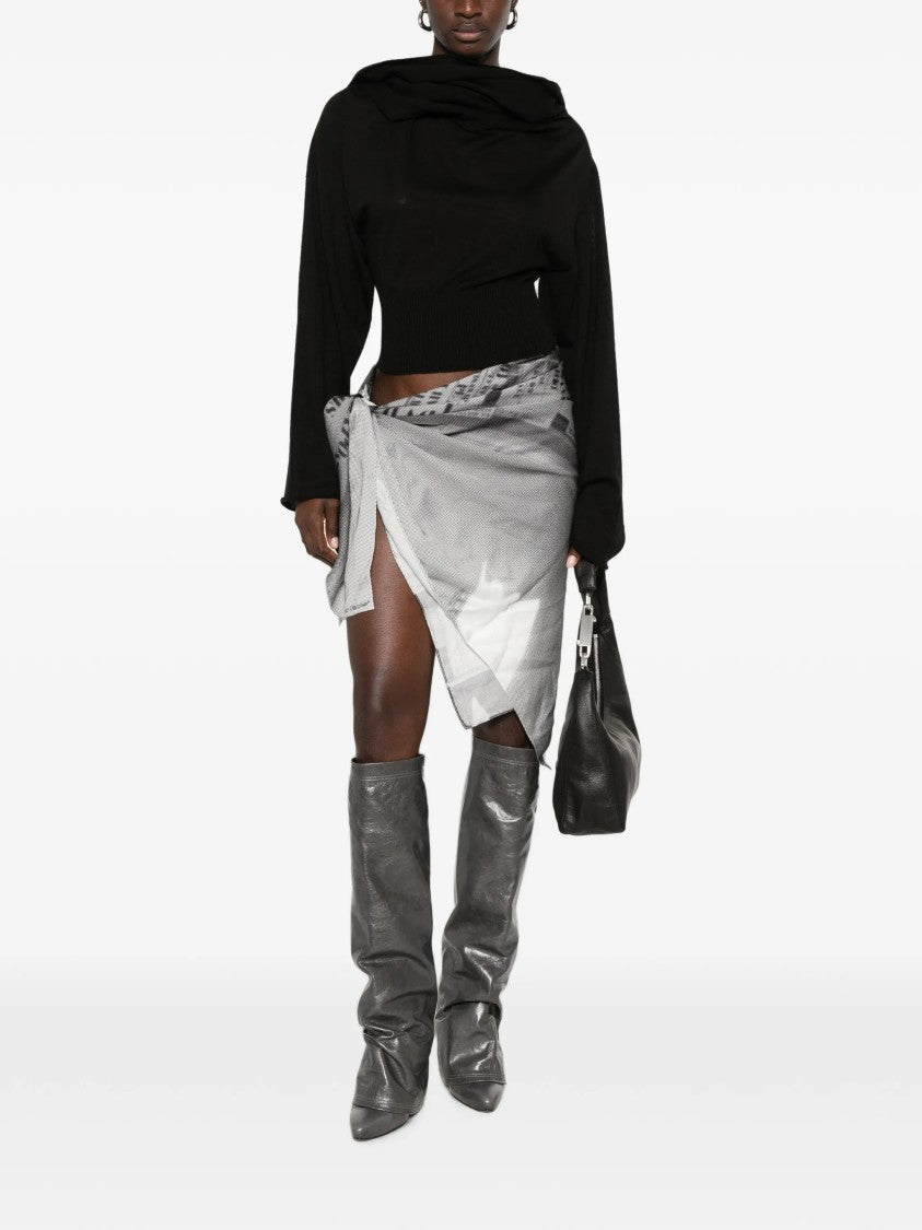 Rick Owens Cropped Black Long-Sleeved Top With Scarf-Inspired Neckline