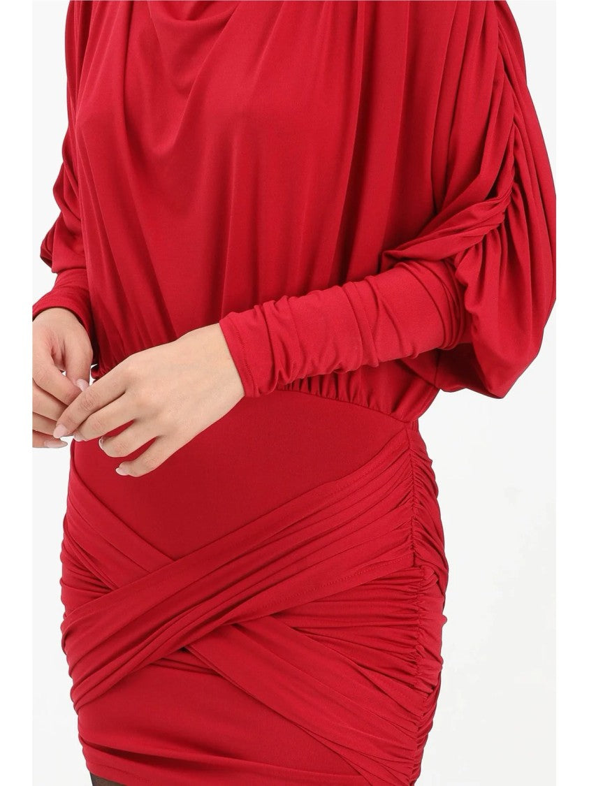 Odi Odi Lycra Mini Dress With Batwing Sleeves And Ruched Detailing